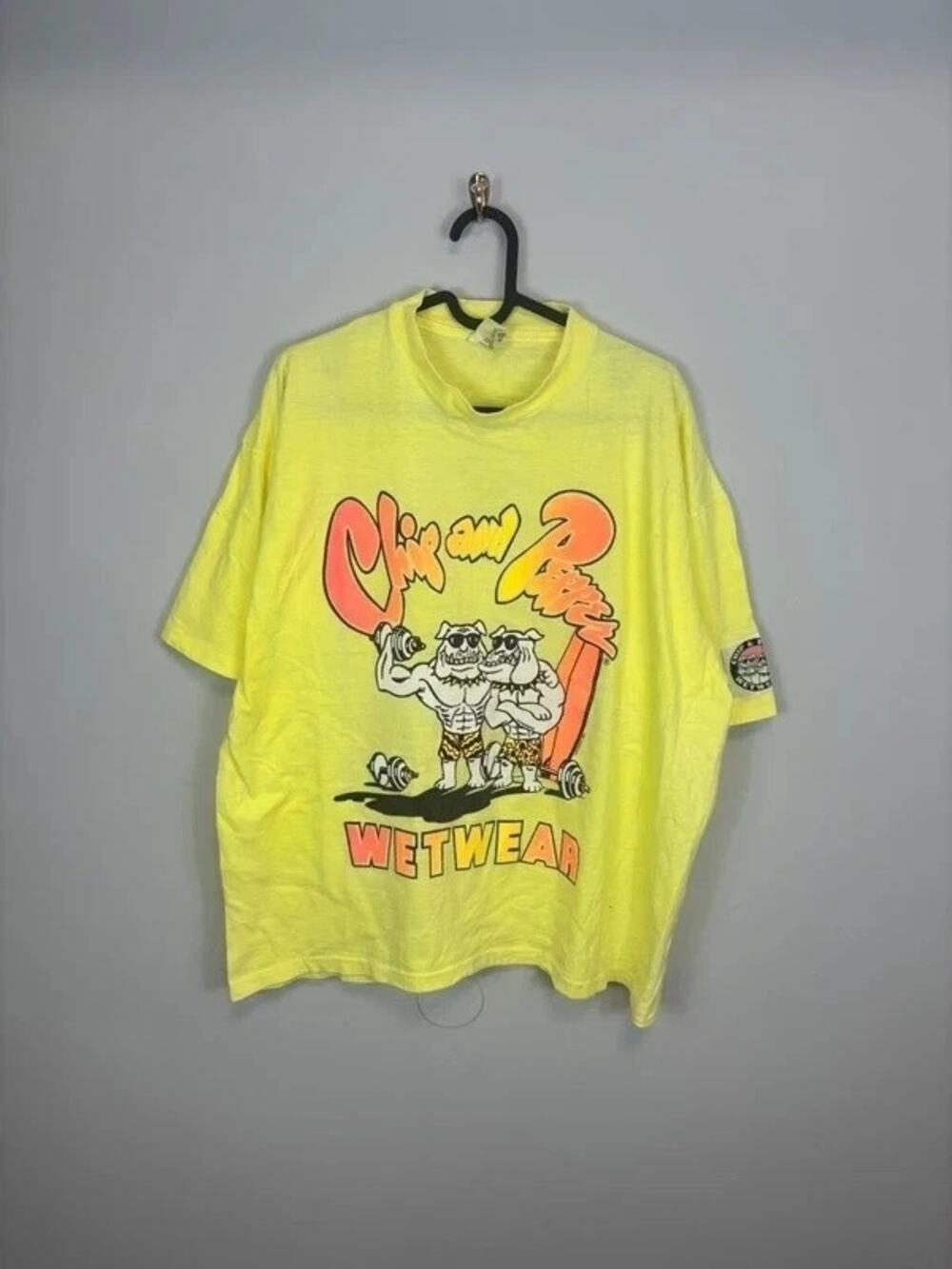 Vintage 1987 Chip & Pepper Wetwear T-Shirt Neon Yellow Bulldog Made in Canada XL